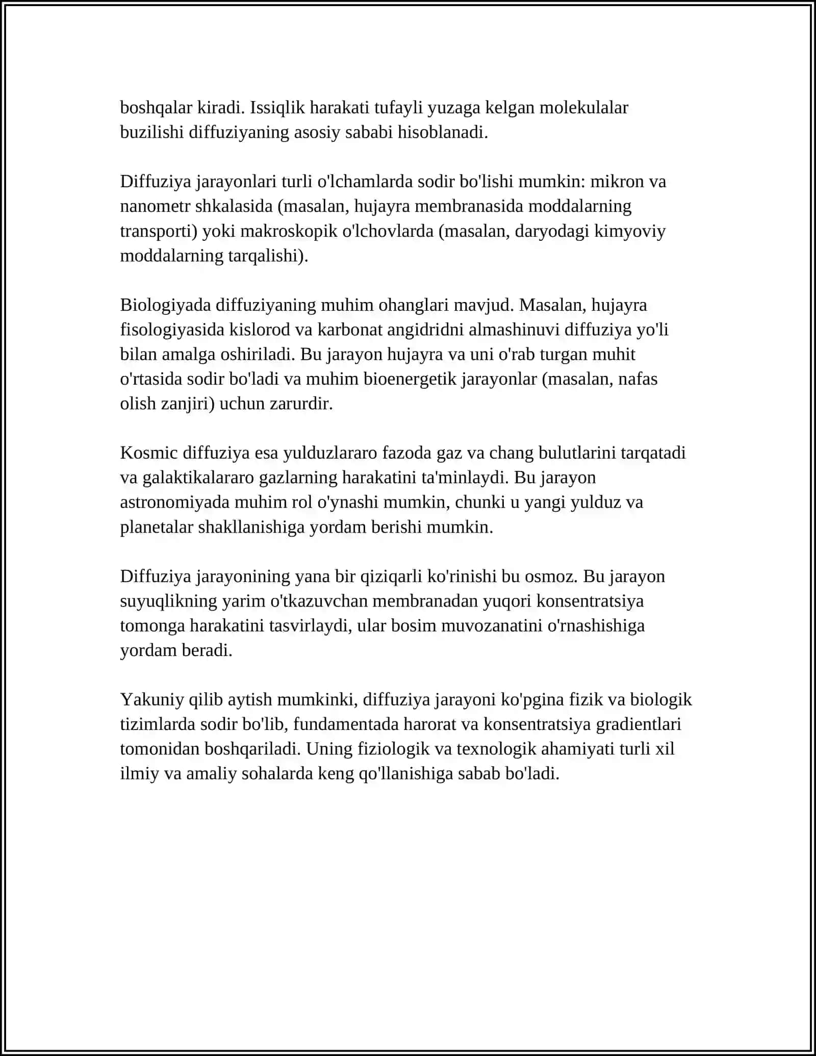 KOʻCHISH HODISALARI. DIFFUZIYA, ISSIQLIK OʻTKAZUVCHANLIK VA QOVUSHQOQLIK. FAZOVIY OʻTISHLAR 4