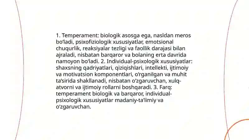 Shaxsning individual-psixologik xususiyatlari. Temperament 4