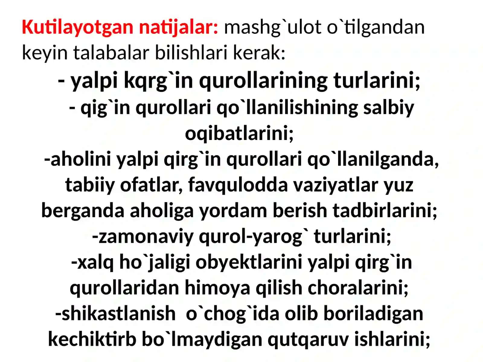 №10 Yadroviy shikastlanish o'choqlarining tibbiy-taktik xarakteristikasi Axoliniy alpiqirgin qurollaridan va favqulodda vazijtlardan muxofaza qilishning asosiy printsip va vositalari 4