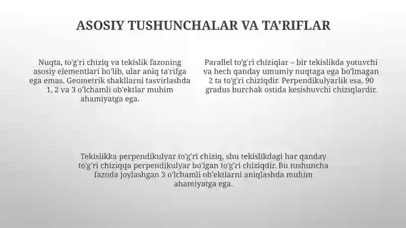 Fazoda toʻgʻri chiziq va tekisliklarni parallel va perpendikulyarligini oʻqitish metodikasi 4