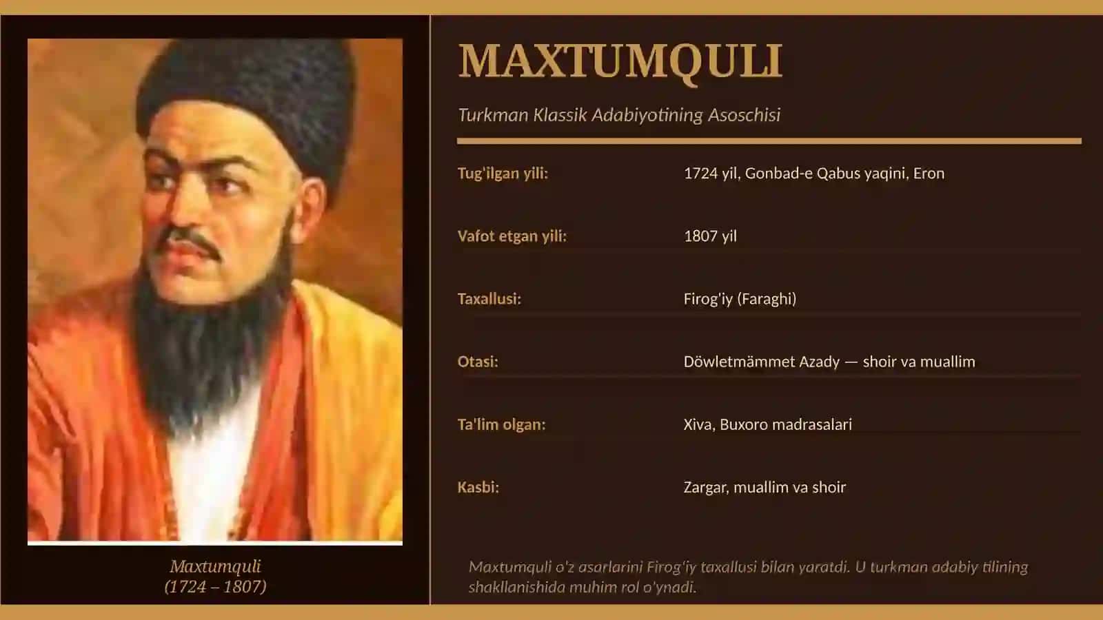 SHARQ ADABIYOTI Namoyandalari va Ularning Asarlari Turkman Klassik Adabiyoti · XVIII–XIX Asrlar 4
