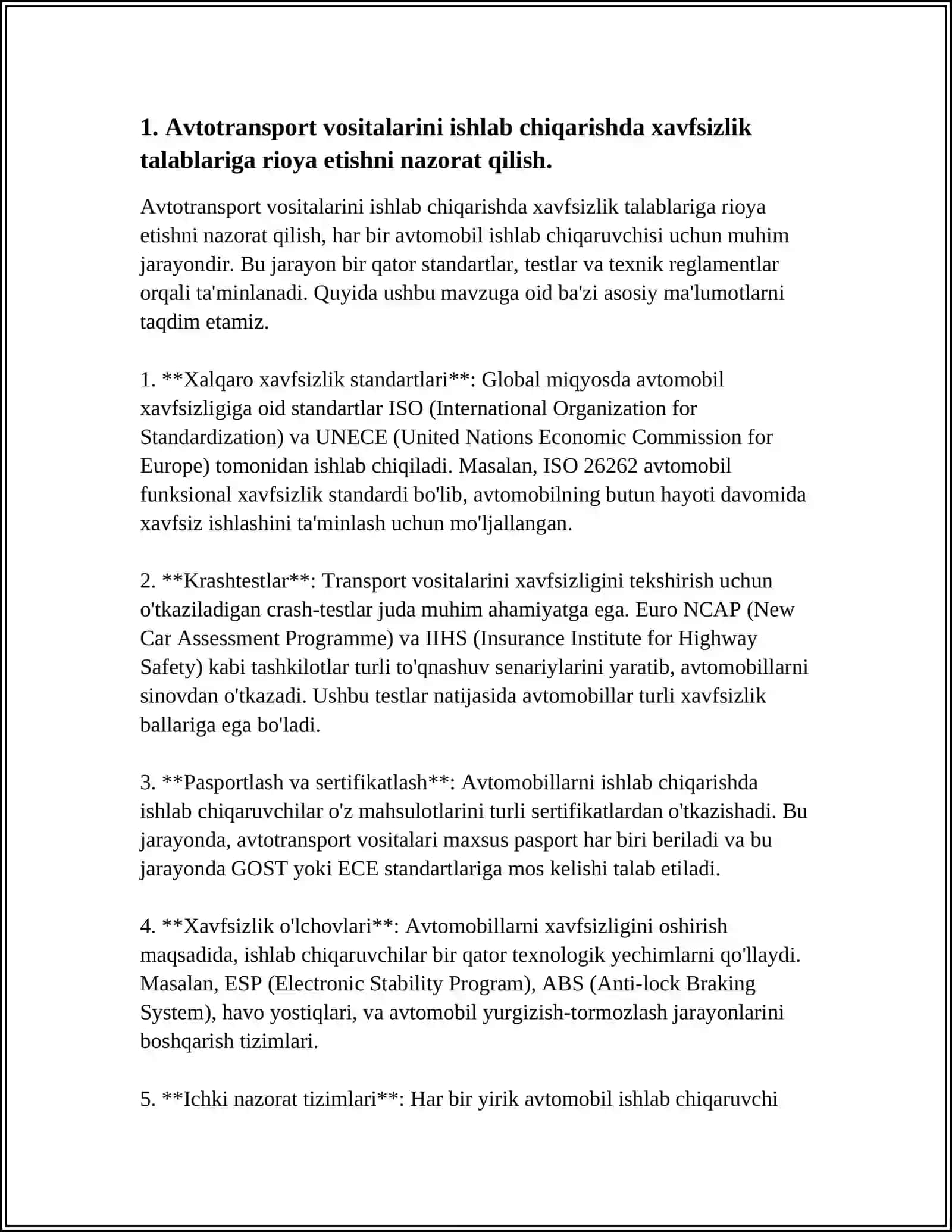 AVTOTRANSPORT VOSITALARINI ISHLAB CHIQARISH SOTISH CHETGA OLIB KIRISH VA EKSPULATATSIYA QILISHDA ULARNING KONSTRUKTIV XAVSIZLIGIGA QUYILADIGAN TALABLARGA RIOYA ETILISHI NAZORAT QILISH SUBEKTLARI, TARTIBI VA USLUBLARI O'RNATILGAN TALABLAR BUZILISHI UCHUN JAVOBGARLIKKA TORTISHNING HUQUQIY FAOLIYATI 4