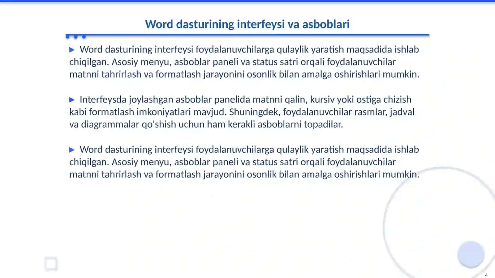 Word dasturidan foydalanish bo'yicha maktab o'quvchilari uchun yo'riqnoma 4