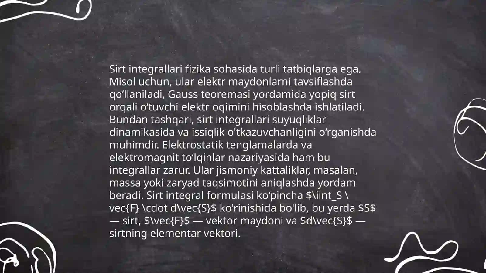 Birinchi va ikkinchi tur sirt integrallarining tatbiqi 4