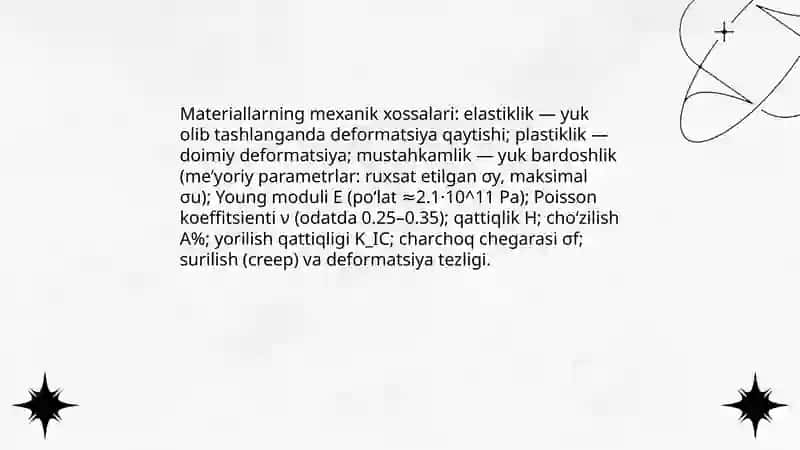Konstruktsiya elementlari. Deformastiya. Kuchlanishlar. Cho’zilish va siqilish deformastiyasi. Guk qonuni. Puasson koeffistenti. Tekis kesim yuzalarining geometrik xarakteristikasi 4