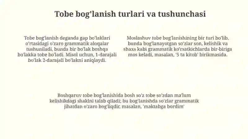 Tobe bog'lanish va gap bo'laklari o'rtasidagi sintaktik munosabatlar 4