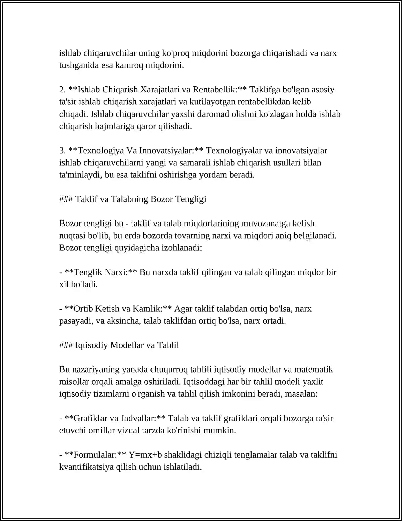 TALAB VA TAKLIF NAZARIYASI VA TADBIRKORLIK FAOLIYATI VA RAQOBAT MUSTAQIL ISH 4