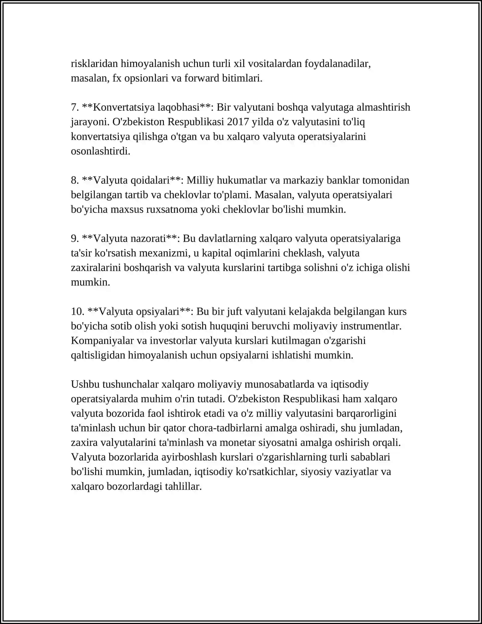VALYUTA OPERASIYALARINI TASHKIL ETISH, VALYUTA POZITSIYASI VA NAZORATI 4