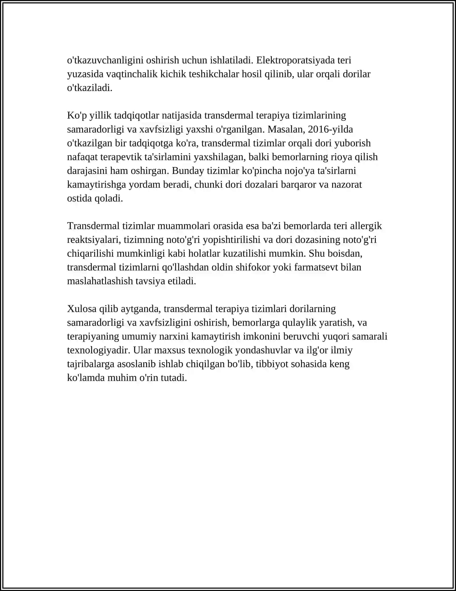 TRANSDERMAL TERAPEVTIK TIZIMLAR. TEXNOLOGIK XUSUSIYATLARI 4
