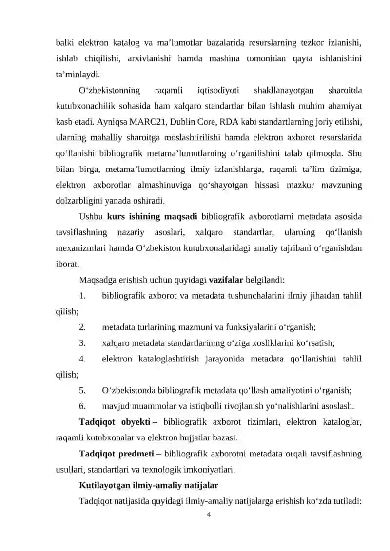 Bibliografik axborotlarning metamaʼlumotlari (metadata). orqali tavsiflash usullari 4