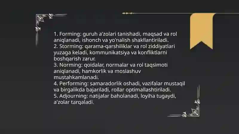 Guruh va jamoa dinamikasi:o’zaro munosabatlar va rol taqsimoti 4