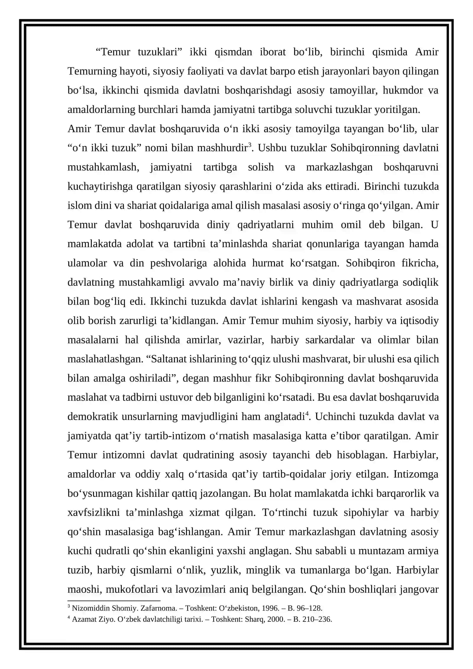 Amir Temurning el yurtni o‘z tasarrufi va itoatida tutish uchun tuzgan o‘n ikki tuzugi mavzusida tezis tayyorlash 4