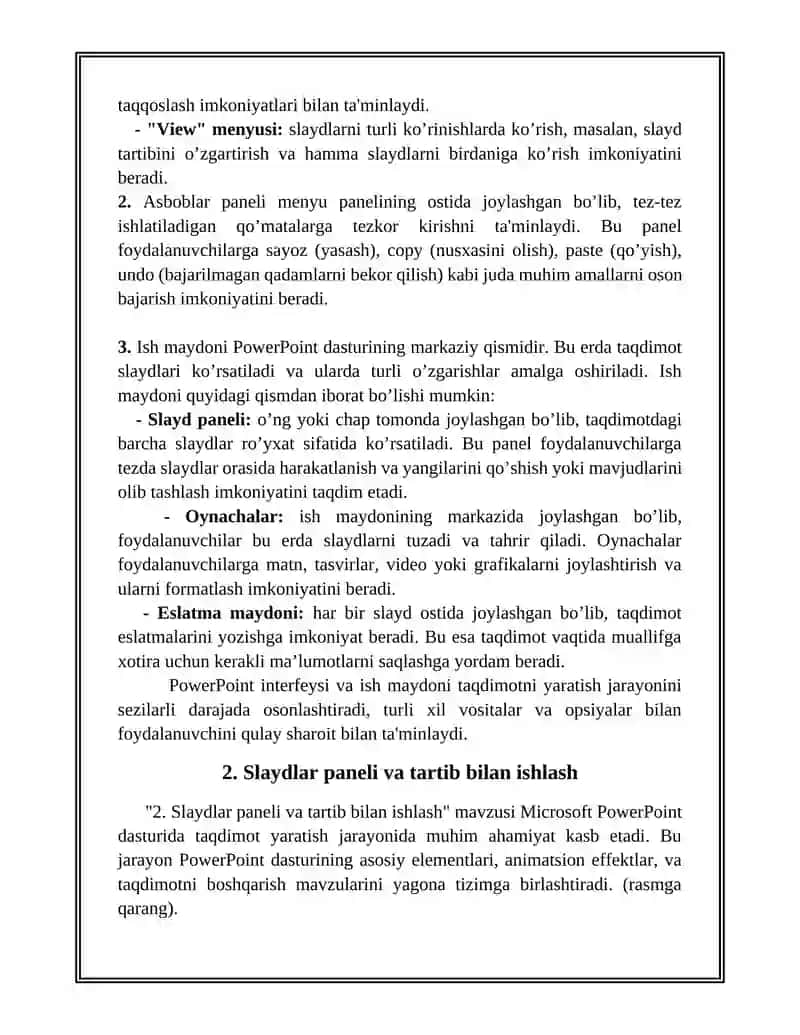 MICROSOFT POWERPOINT DASTURINING ASOSIY ELEMENTLARI. ANIMATSION EFIFEKTLAR. TAQDIM ETISHNI BOSHQARISH 4