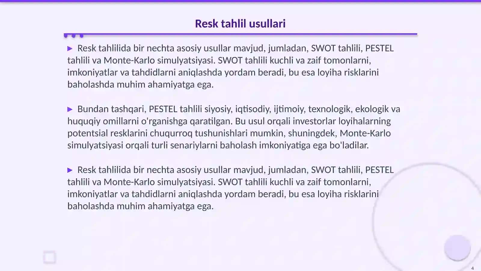 Xalqaro envestitsiya loyhalarida resk tahlili 4