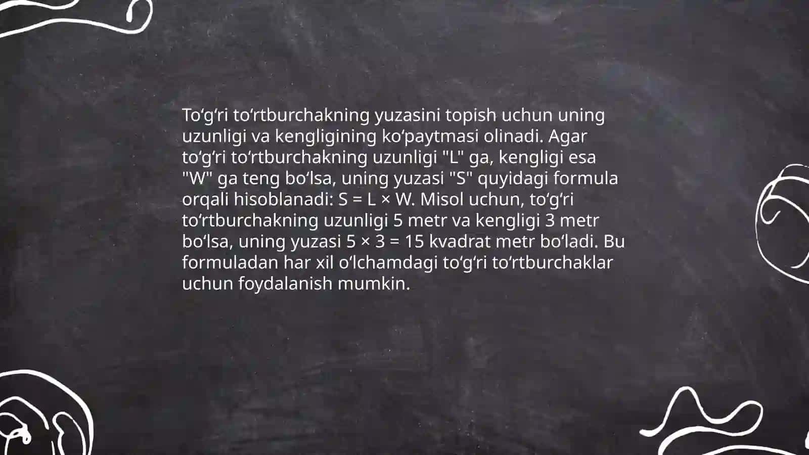 To‘g‘ri to‘rtburchak va kvadratning perimetrini, yuzaga doir masalalar yechishga o‘rgatish 4