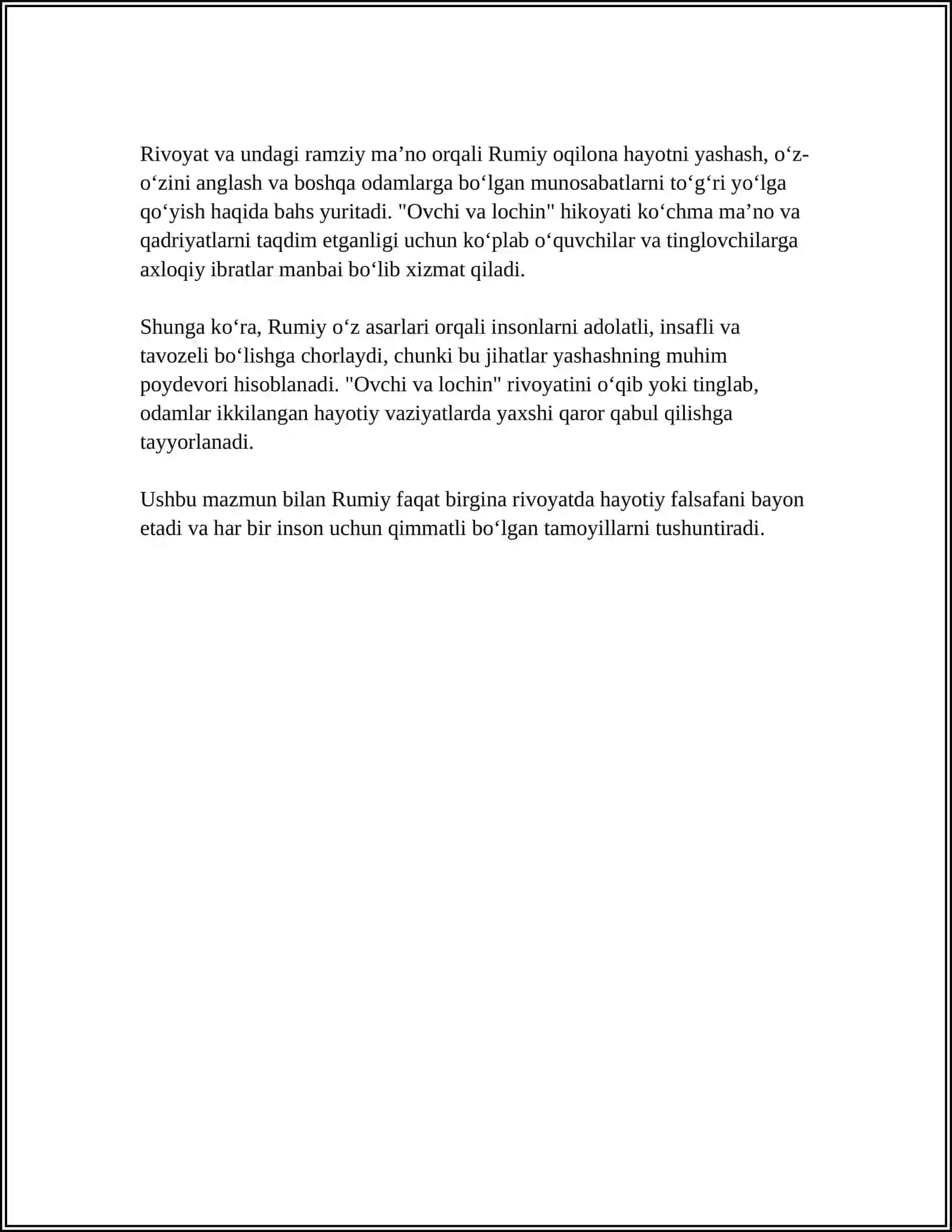 J RUMIYNING "OVCHI VA LOCHIN"RIVOYATINING MOHIYATI VA UNING TARBIYAVIY AHAMIYATINI TAHLIL ETISH(ICHINGDAGI ICHINGDADIR ASARI ASOSIDA) 4
