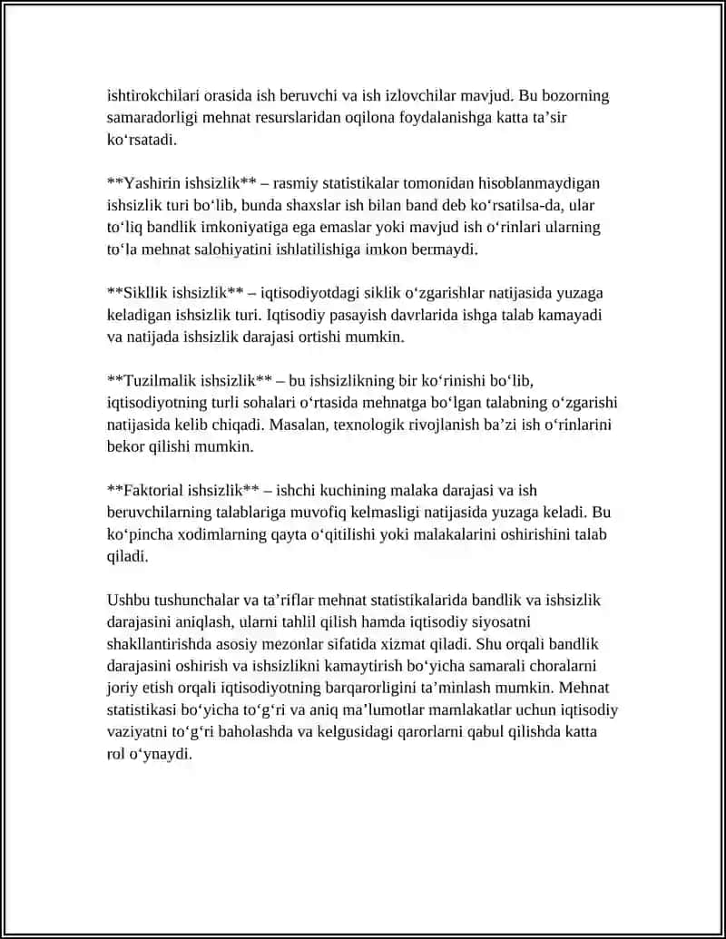 MEHNAT STATISTIKA:BANDLIK VA ISHSIZLIK KO‘RSATKICHLARI 4