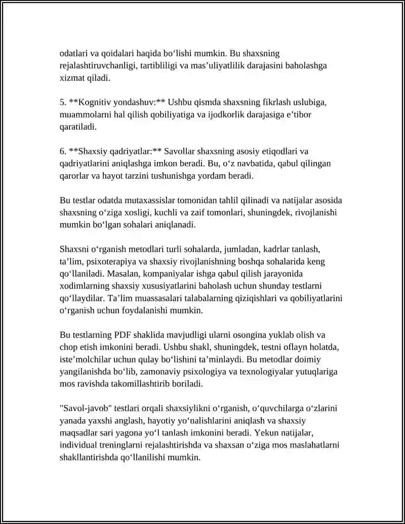 SHAXSNI OʻRGANISH METODLARI BOʻYICHA TEST 20TA PDF SHAKLIDA 4