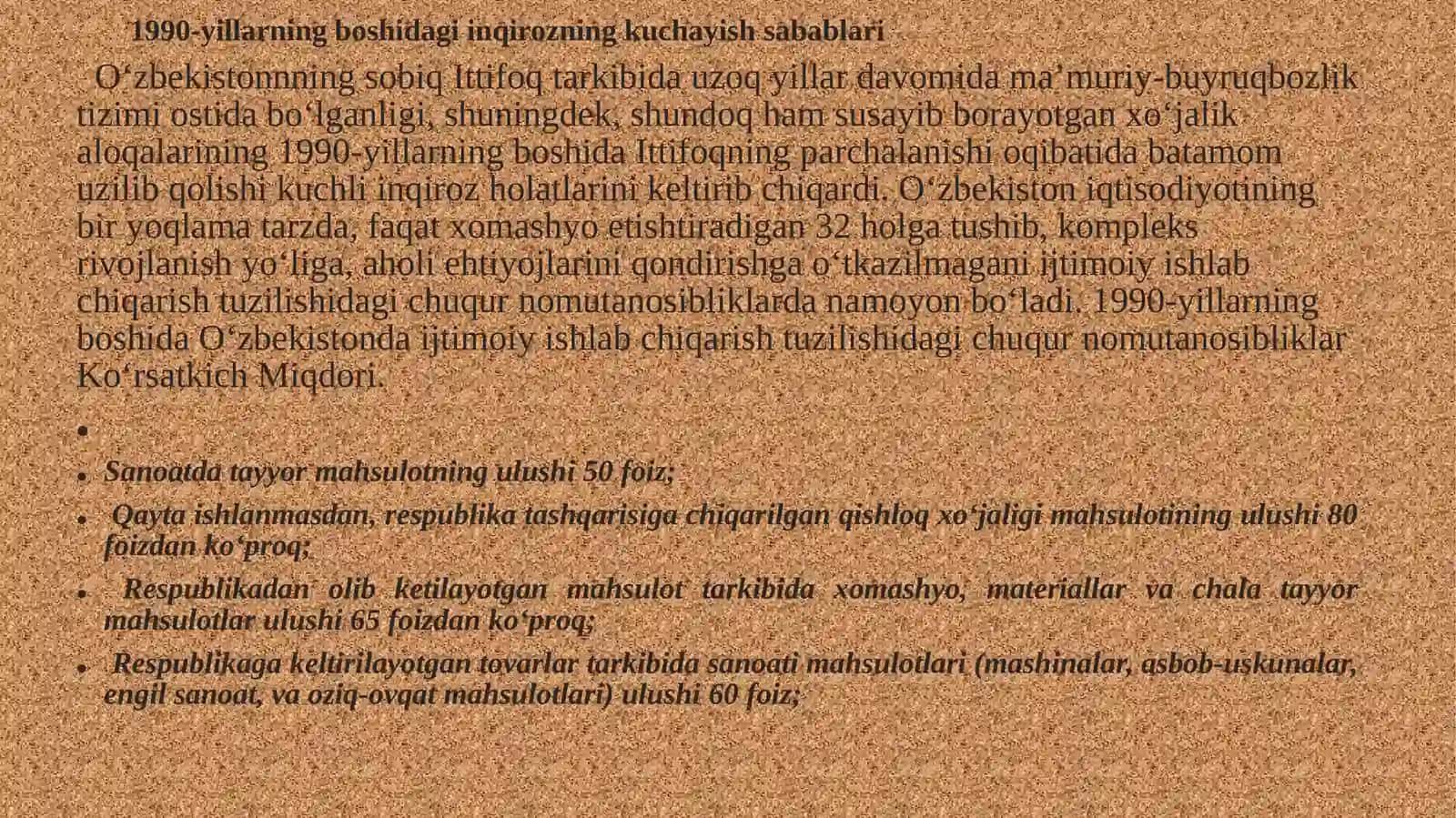 MUSTAQIL O‘ZBEKISTON RESPUBLIKASINING TASHKIL TOPISHI VA UNING TARIXIY AHAMIYATI. O‘ZBEKISTONNING O‘ZIGA XOS ISTIQLOL VA TARAQQIYOT YO‘LI 4
