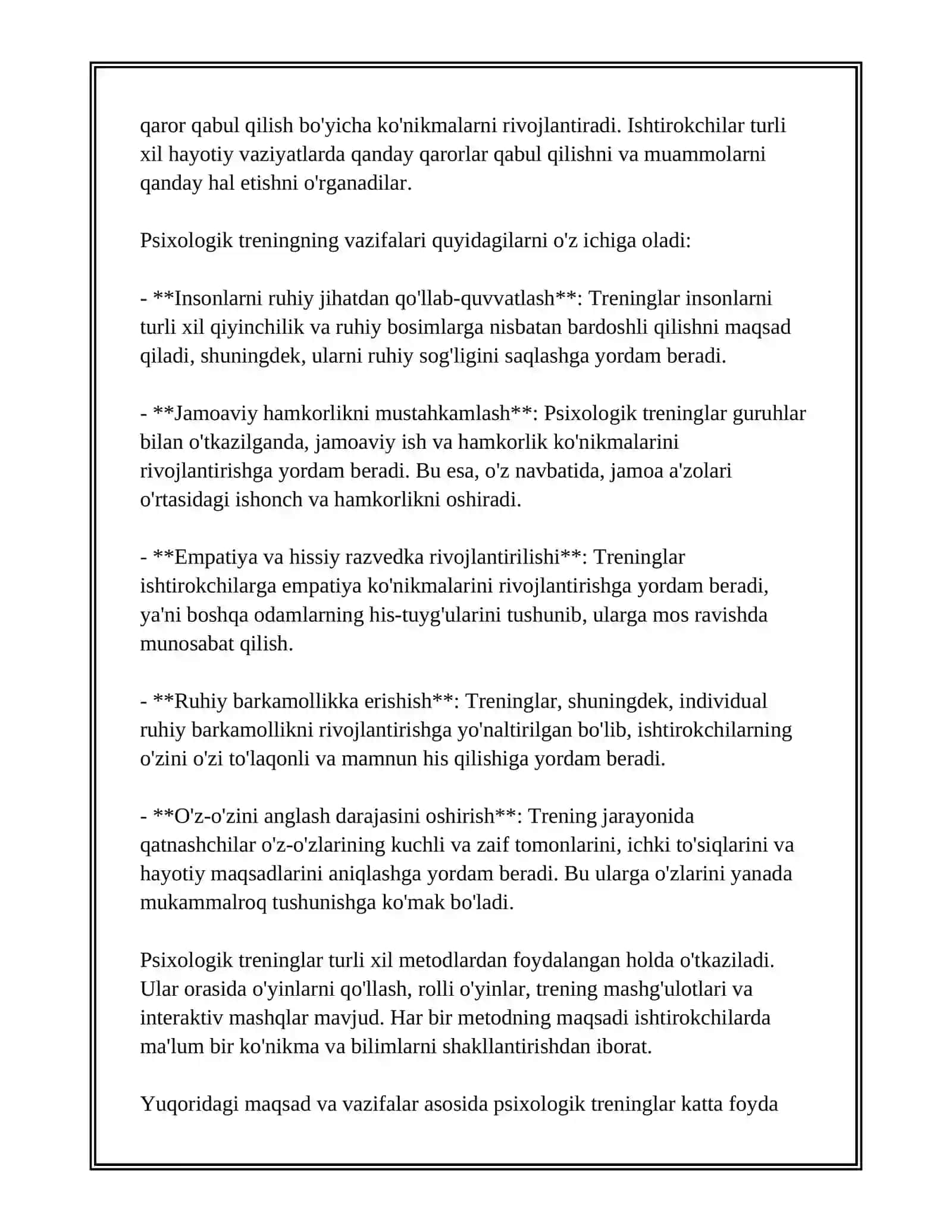 PSIXOLOGIK TRENINGNING MAQSAD VA VAZIFALARI;SOTSIAL-PSIXOLOGIK TRENINGLARNI RIVOJLANISH TARIXI. 4