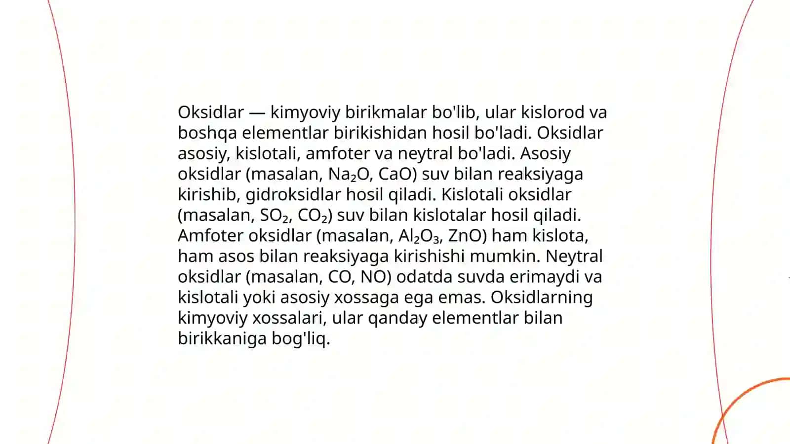 Oksidlar, asoslar, kislatalar va tuzlarning olinishi, xossalari ishlatilishi. Modda tuzilishi 4
