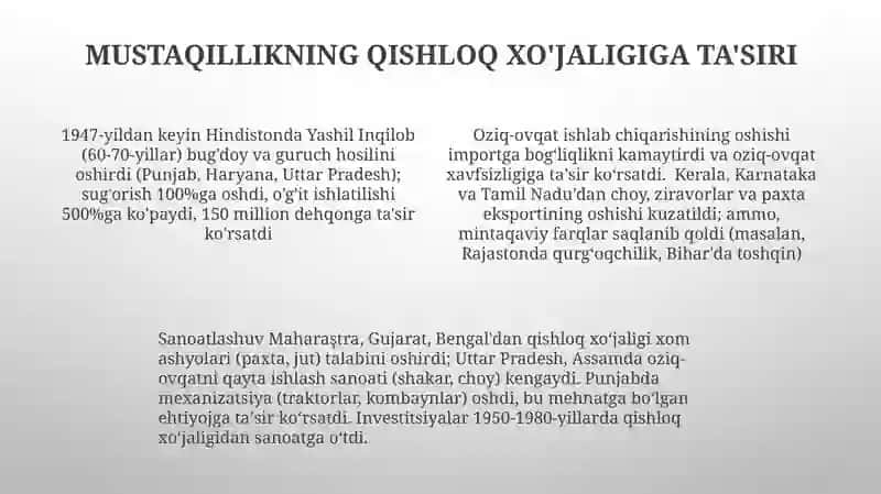 Mustaqillikyillarida qishloq xoʻjaligi va sanoat sohasidagi oʻzgarishlar 4