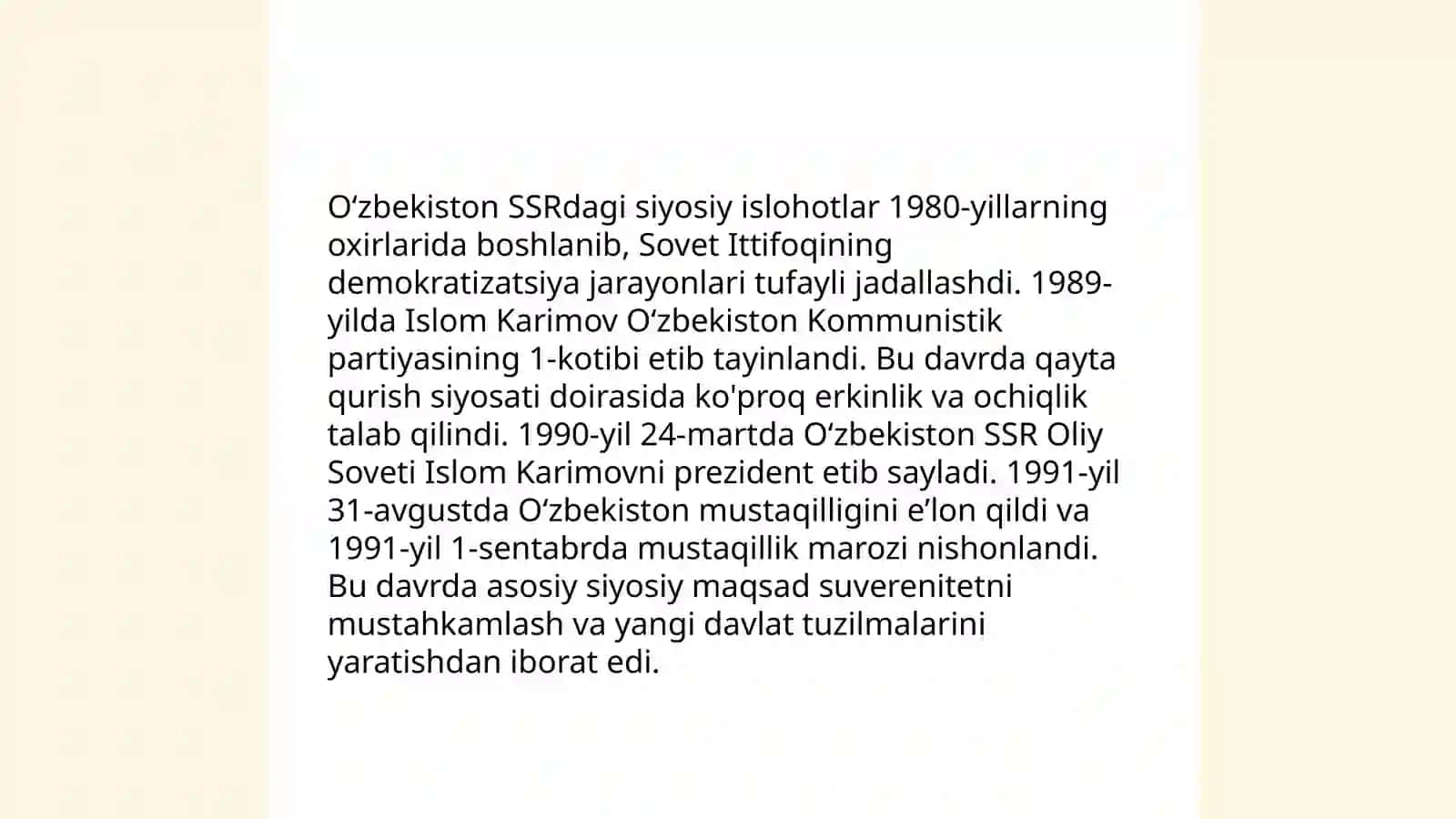 Qayta qurish yillarida Oʻzbekistondagi ijtimoiy -siyosiy vaziyatlar 4
