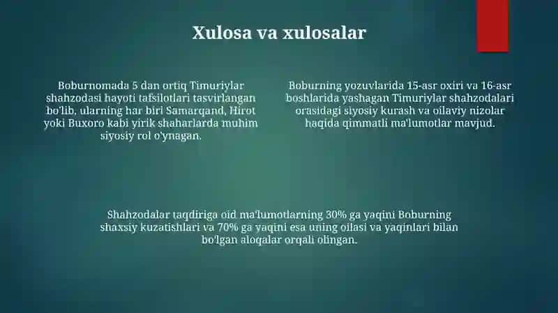 Boburnomada Temuriylar shahzodalar vasfi 4