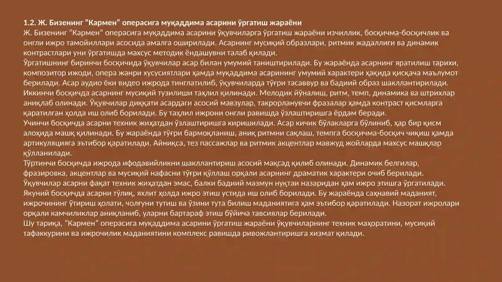 "J.Bizening" Karmen operasiga muqaddima asarini o’rgatish metodikasi 4