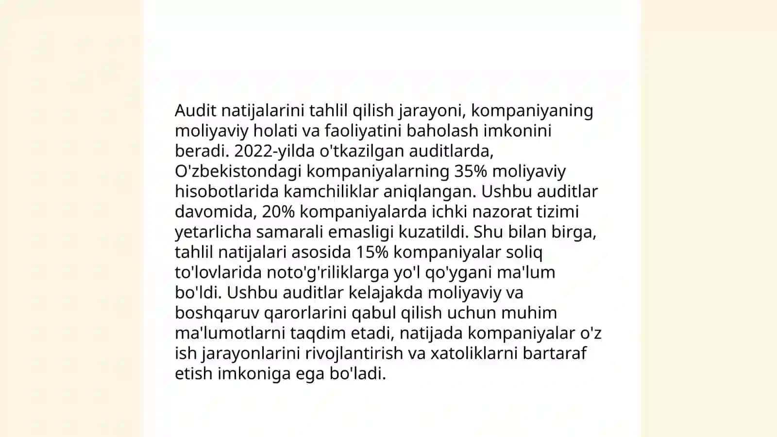 Audit tekshiruvining yakunlovchi bosqichi, audit hisoboti va xulosasi 4