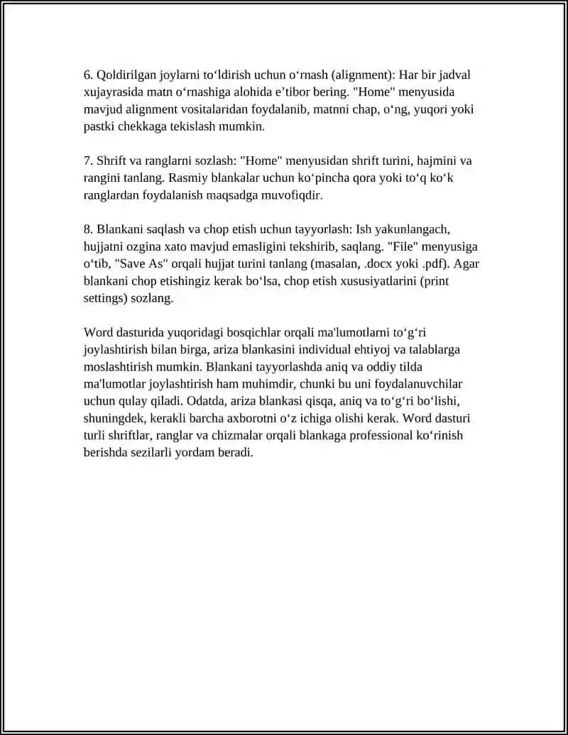 MS WORD MATN TAXRRIRLAGICHIDA TURLI XIL BLANKALAR YARATISH (ARIZA, KASALLIK KARTASI, ANALIZLAR BLANKASI VA H.K.). 4