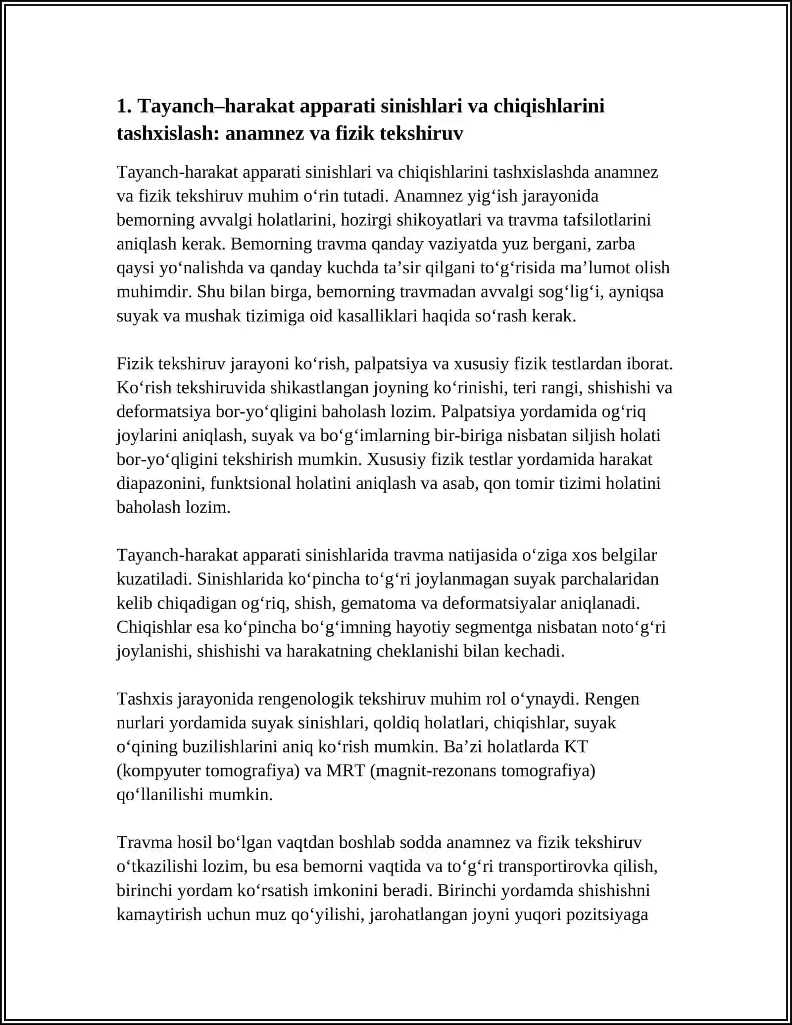 TAYANCH–HARAKAT APPARATI SINISHLARI VA CHIQISHLARINI TASHXISLASH 4