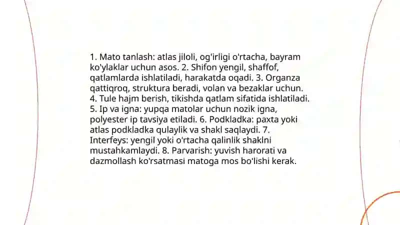 Maktab yoshidagi qizlar bayram va tantana uchun kiyiladigan ko'ylakni texnologik xaritasini tuzish, maketini tikish 4