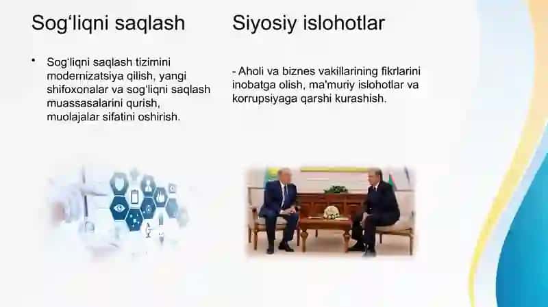 Yangi O‘zbekistonda Prezident Sh.M.Mirziyoyev rahbarligi va tashabbusi ostida amalga oshirilayotgan islohotlar 4