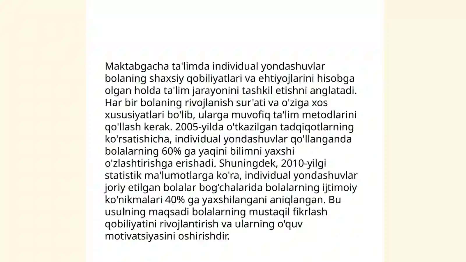 Individual yoʻnaltirilgan oʻqitishni tashkil etish, Maktabgacha yoshdagi bolalar 4