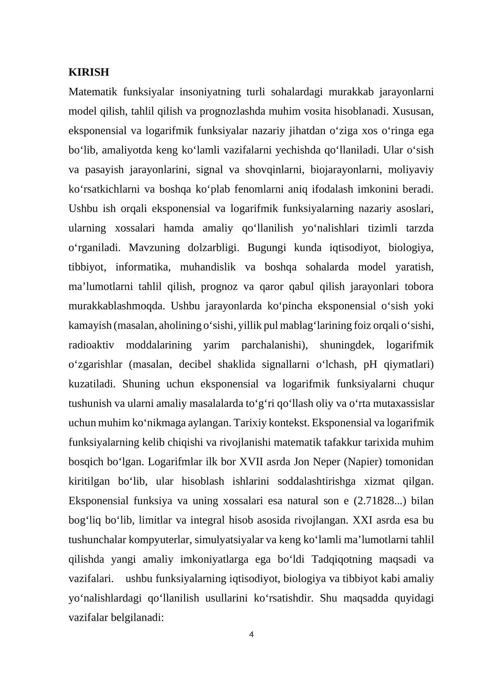 EKSPONENSIAL VA LOGARIFMIK FUNKSIYALAR VA ULARNING TADBIQLARI 4