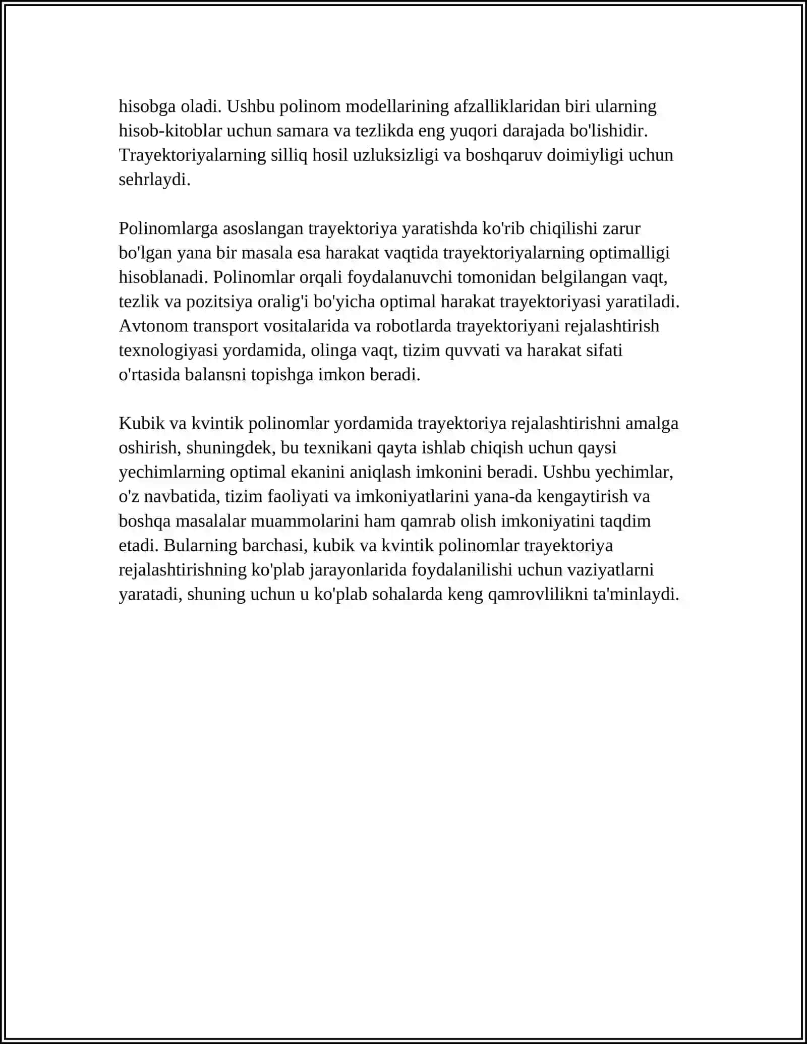 TRAYEKTORIYA REJALASHTIRISH: POLINOMLAR, SPLAYNLAR VA VAQTNI OPTIMALLASHTIRISH 4