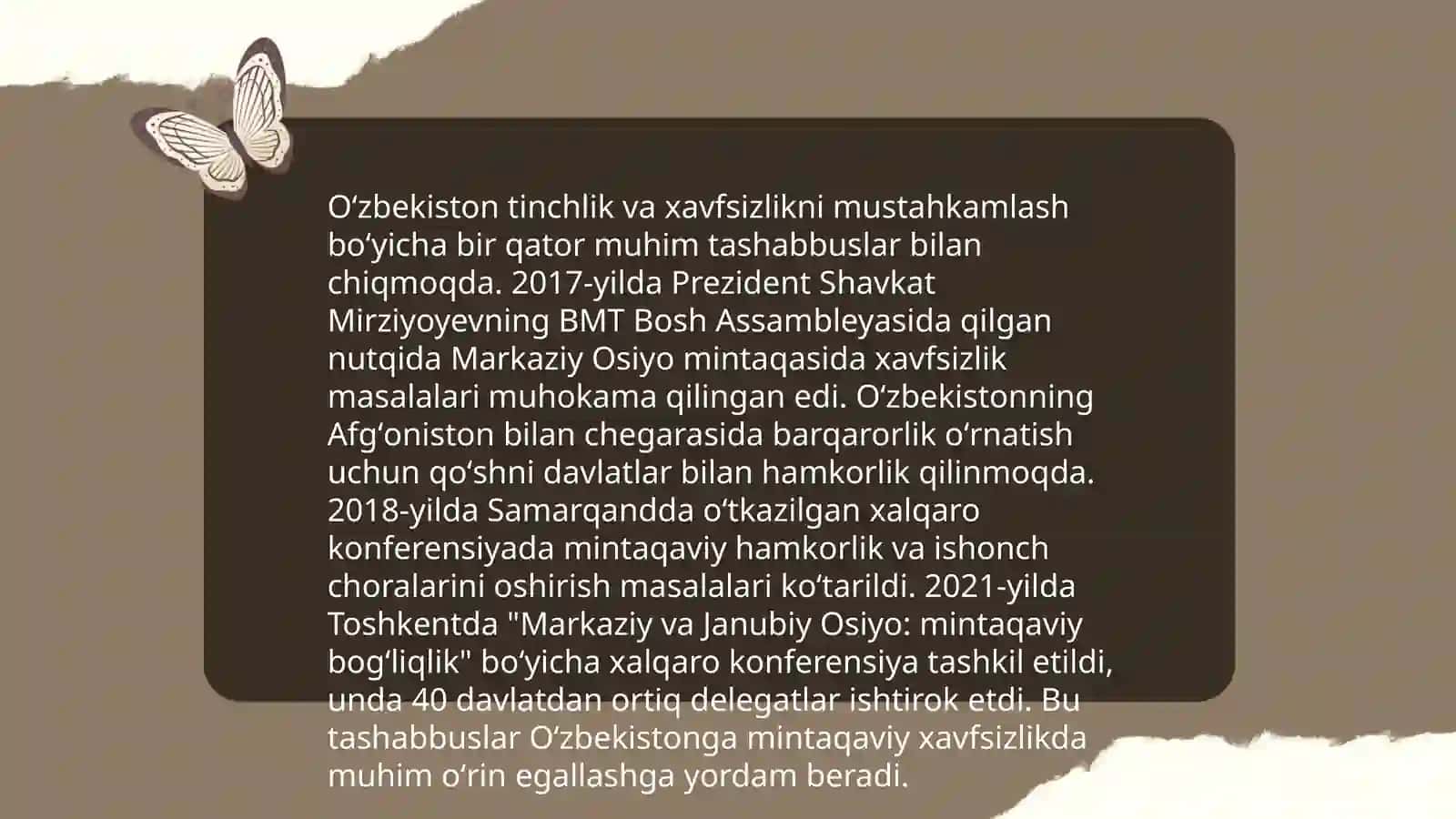 Oʻzbekistonning Markaziy Osiyoda tinchlik va barqarorlikni taʼminlashdagi oʻrni 4