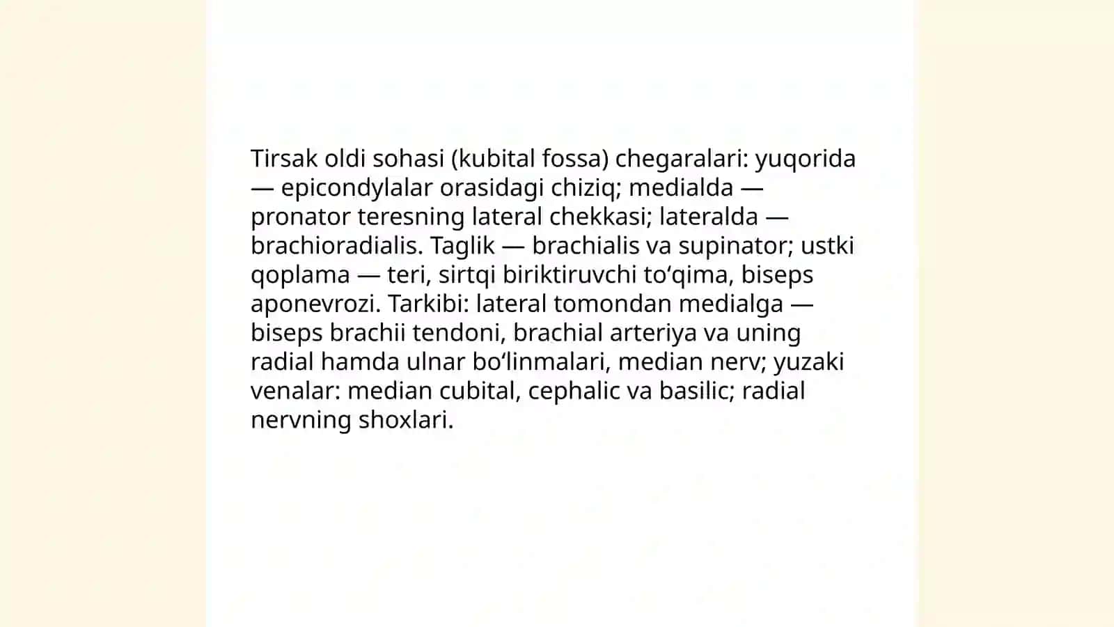 Tirsakning oldingi va orqa sohasi hamda tirsak boʻgʻimining klinik anatomiyasi 4