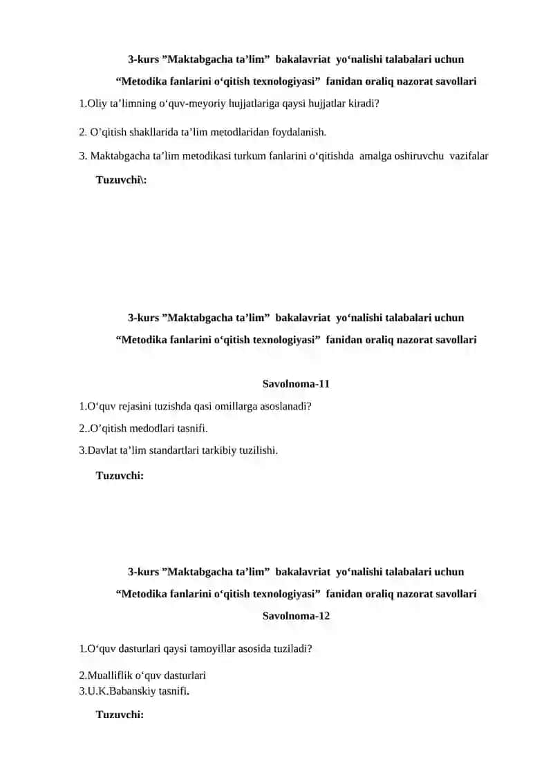“Metodika fanlarini o‘qitish texnologiyasi” fanidan oraliq nazorat savollari 4