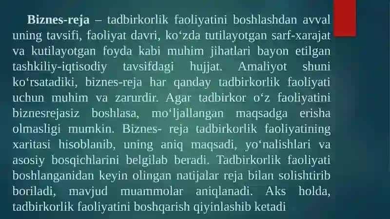 INVESTITSIYA LOYIHASI BO‘YICHA BIZNES-REJA TUZISH 4