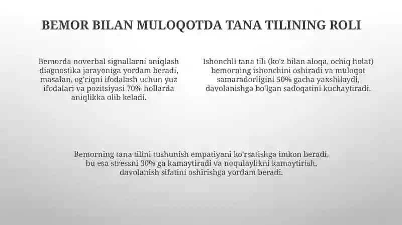 Bemor bilan muloqotda tana tilidan foydalanishning assisment tahlili 4