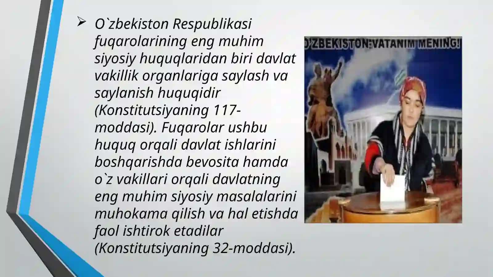 Saylov tizimi tushunchasi. Oliy majlis – O`zbekiston respublikasining oliy vakillik organi va qonun chiqaruvchi organ. 4
