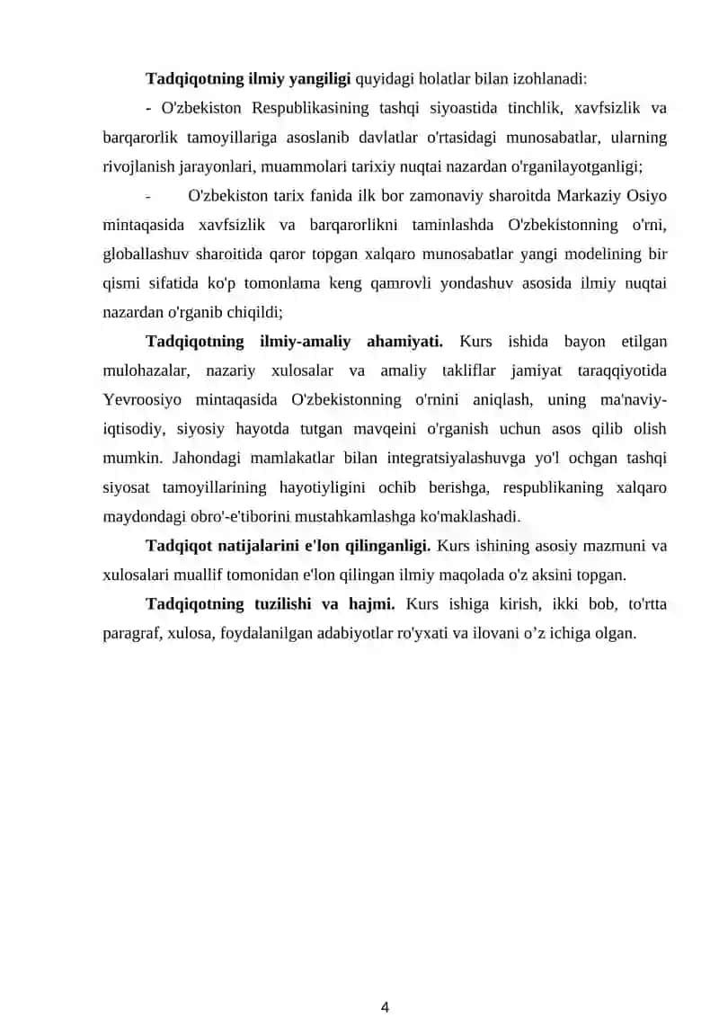 : O‘ZBEKISTONNING TINCHLIKSEVAR TASHQI SIYOSATI VA UNING JAHON HAMJAMIYATI TOMONIDAN TAN OLINISHI. 4