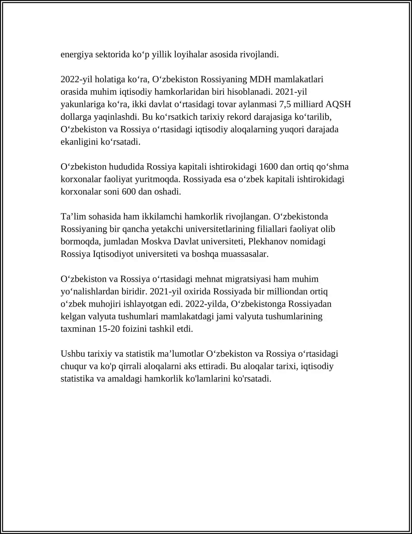 O'ZBEKISTON VA ROSSIYA DOSTLIGI VA HAMKORLIGI 4