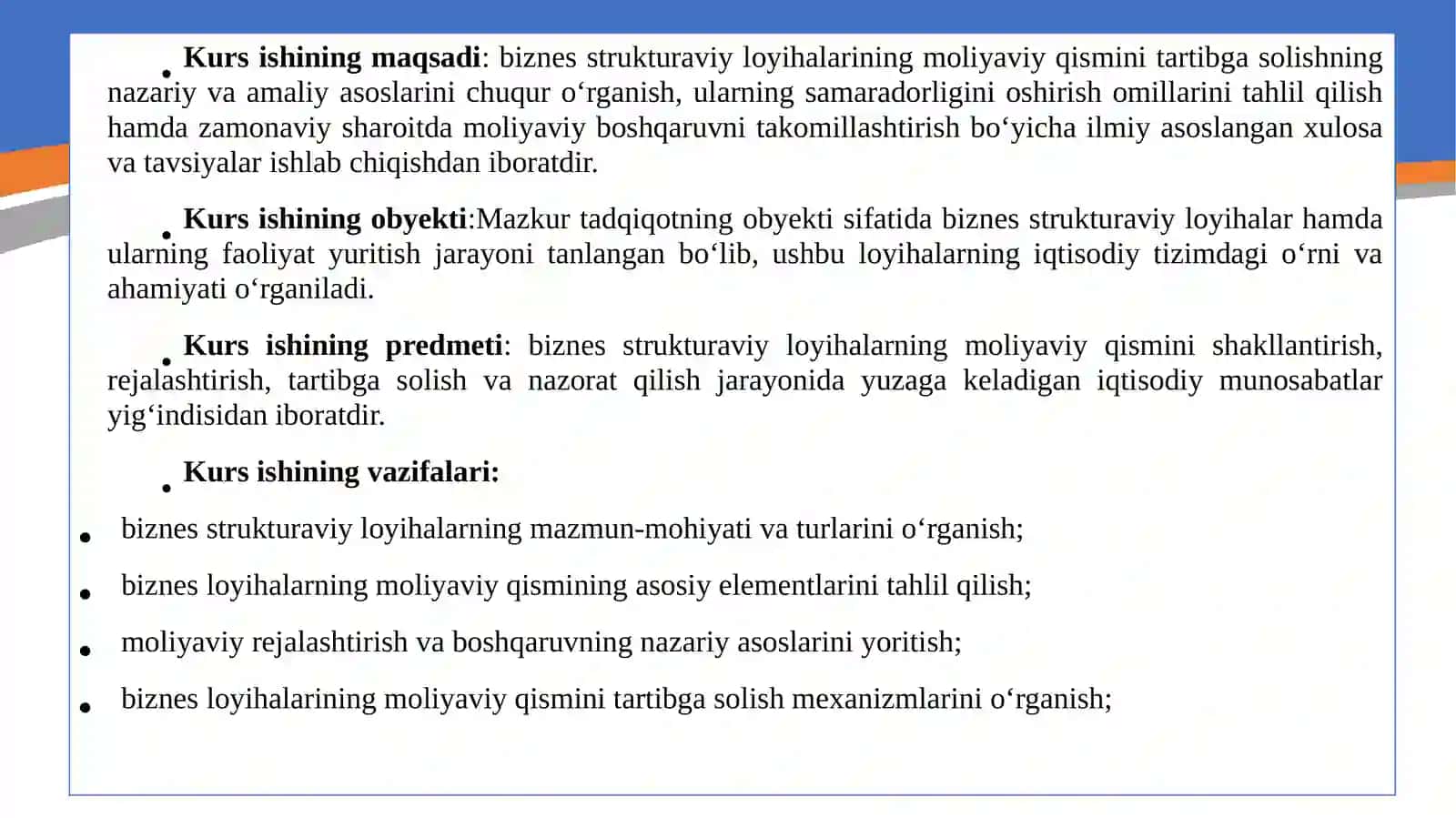 Biznes struktraviy loyxalarining moliyaviy qismi tartibga solish va uning axamiyati 4