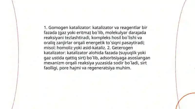 Kаtаliz. Kаtаlizаtоrlаr tаsirining umumiy tаmоyillаri. Gоmоgеn kаtаliz. Rеаksiya mехаnizmigа kаtаlizаtоrning tаsiri.Enеrgеtik to`siqning pаsаyishi. 4