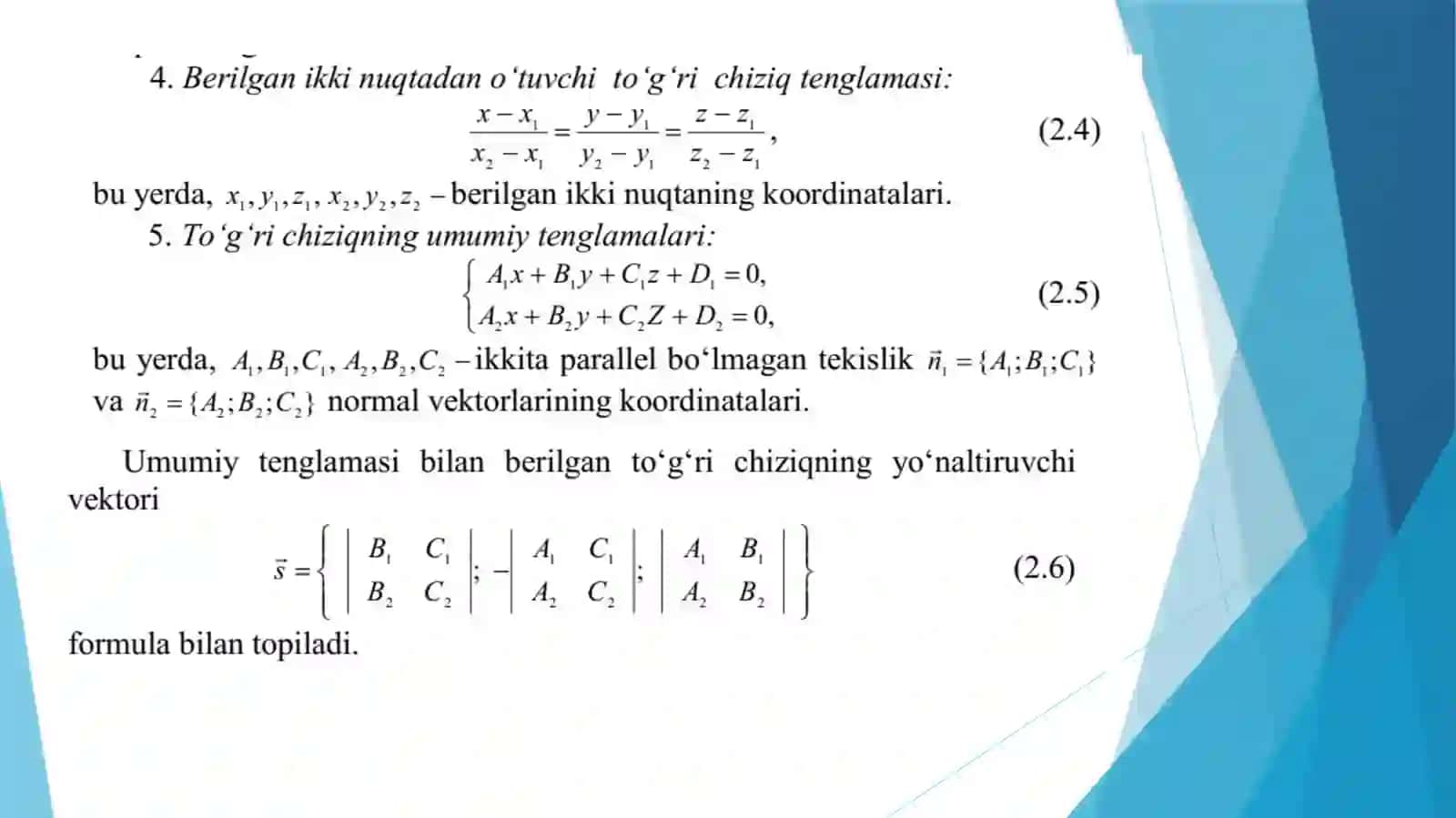Fazoda to’g’ri chiziq tenglamalariga doir mashqlar, To’g’ri chiziq va tekislik orasidagi munosabatlar 4