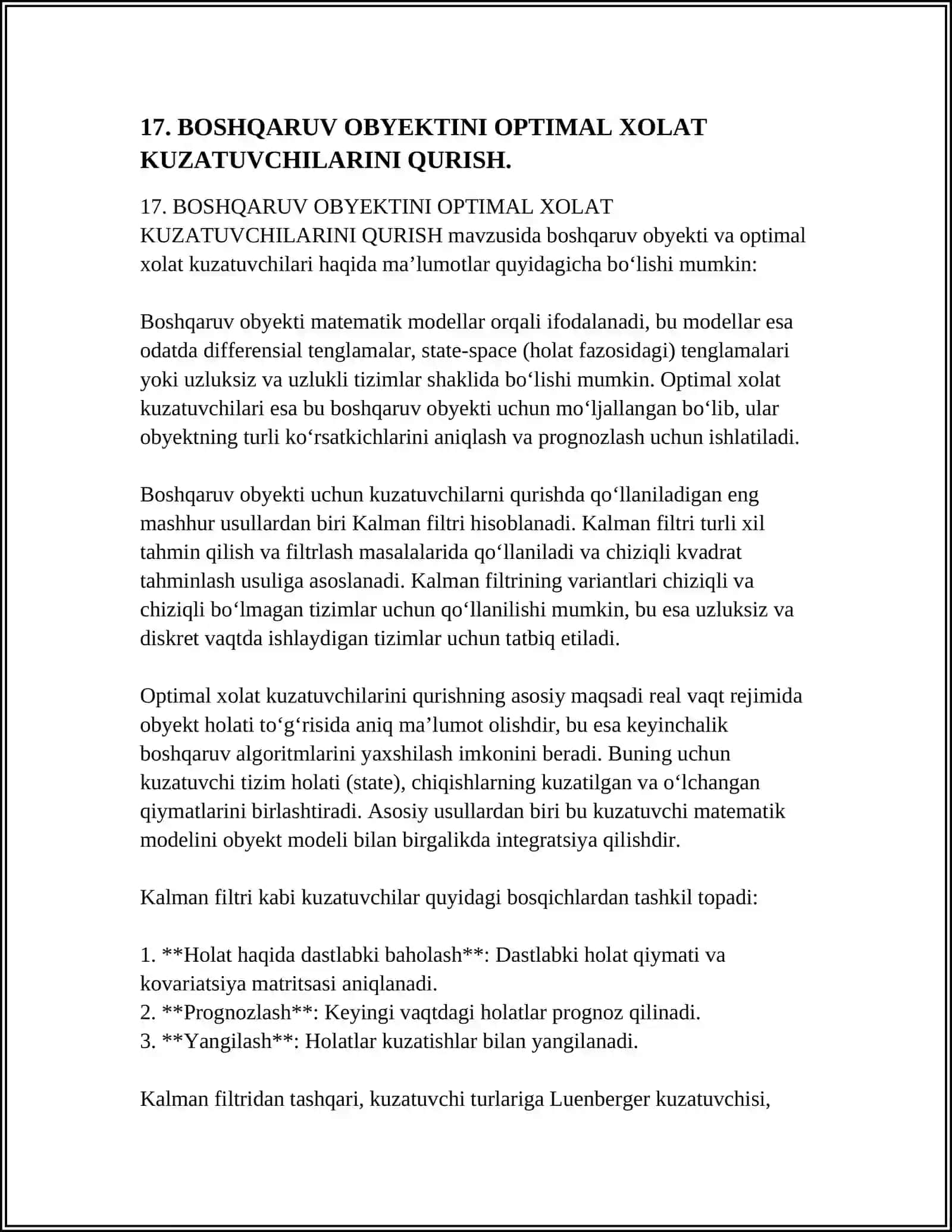 BOSHQARUV OBYEKTINI OPTIMAL XOLAT KUZATUVCHILARINI QURISH 4