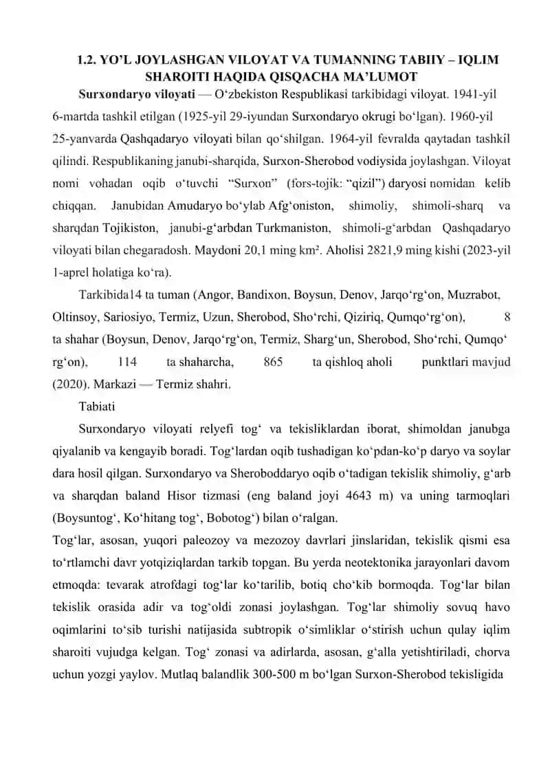 D167 “Manguzar q. –Jarqo’rg’on sh. –Bandixon q. –Oltinsoy q. –Denov sh”avtombil yo’lining 102 – 107 km qismini  tamirlash texnologik jarayonlarini ishlab chiqish 4